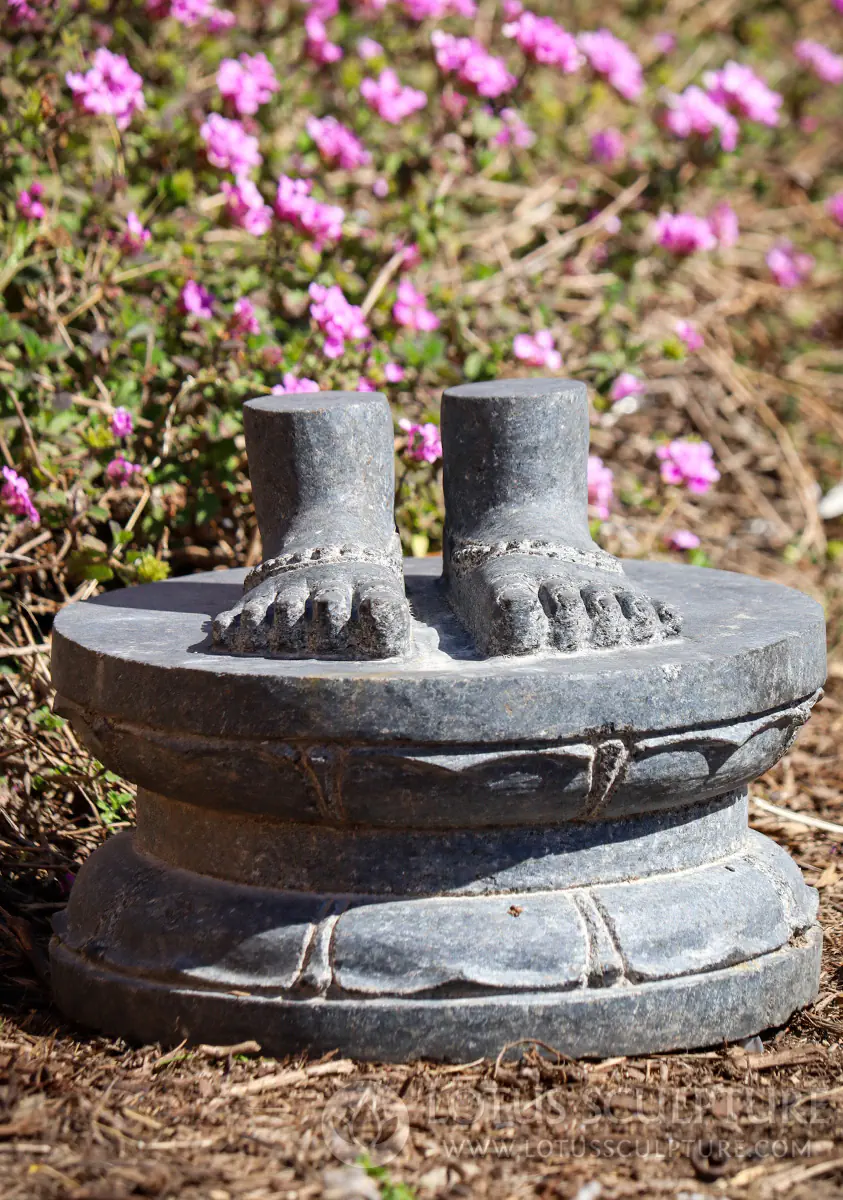 Vishnu's Feet Sculpture in Black Granite Paduka Symbol on Lotus Pedestal 8"