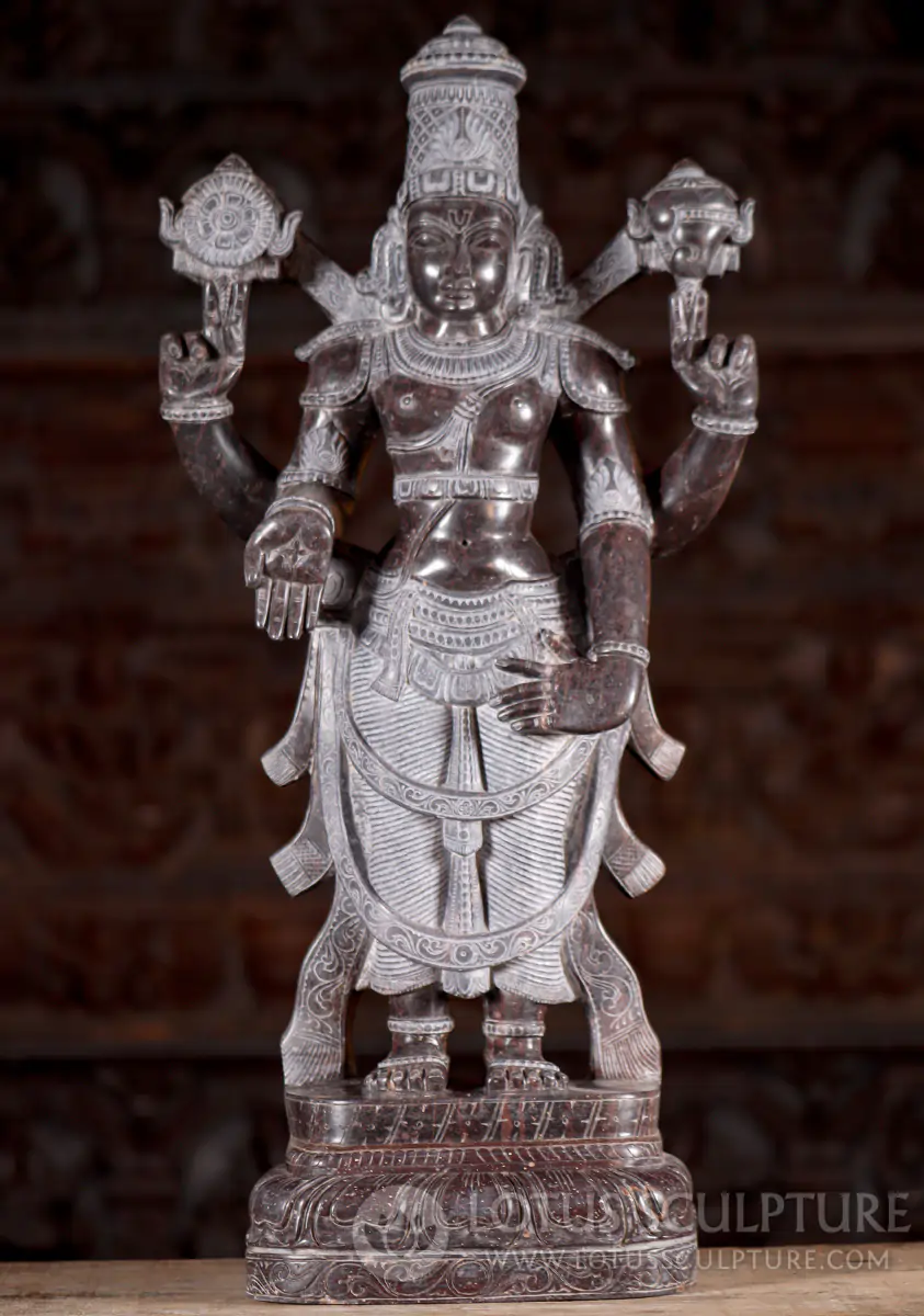 Vishnu Black Marble Standing Sculpture Varada Mudra Discus & Conch, India 25"
