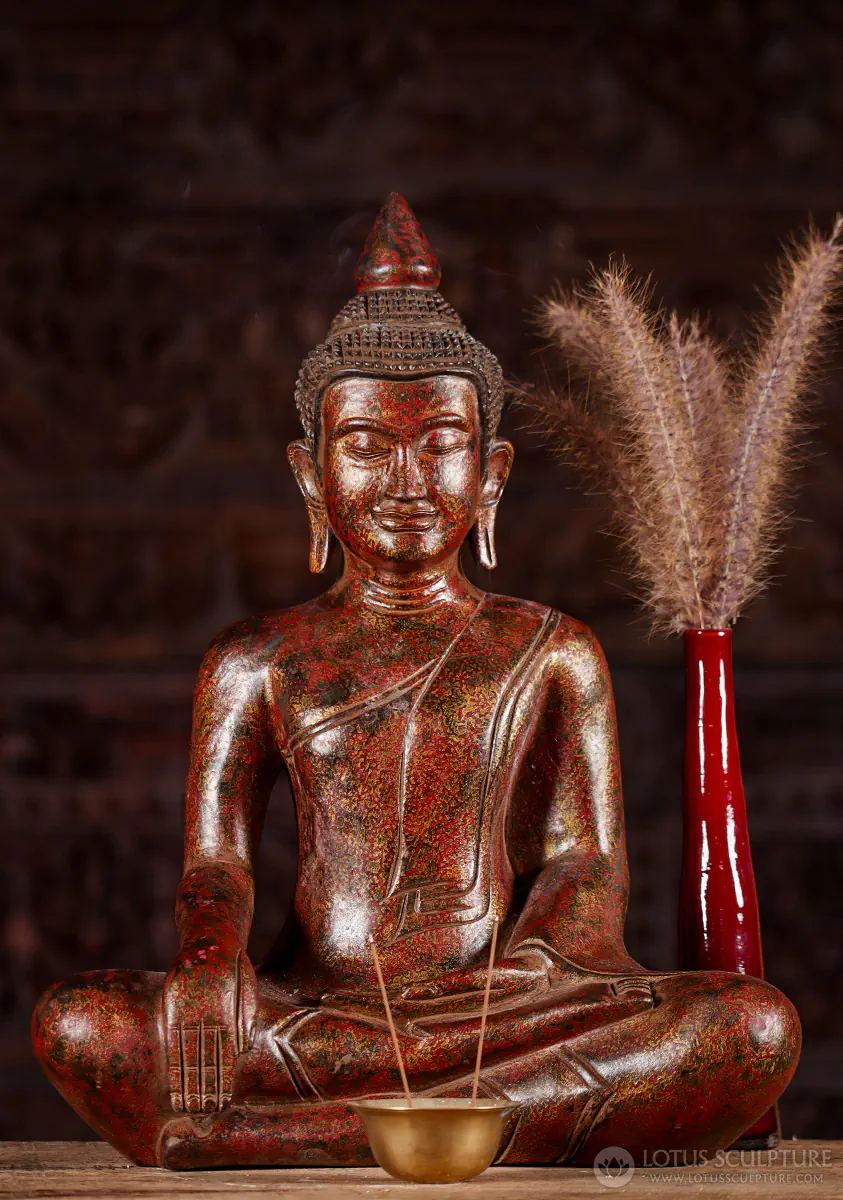 Buddha Wood Sculpture in Bhumisparsha Mudra with Red and Gold Finish, Cambodia 18"