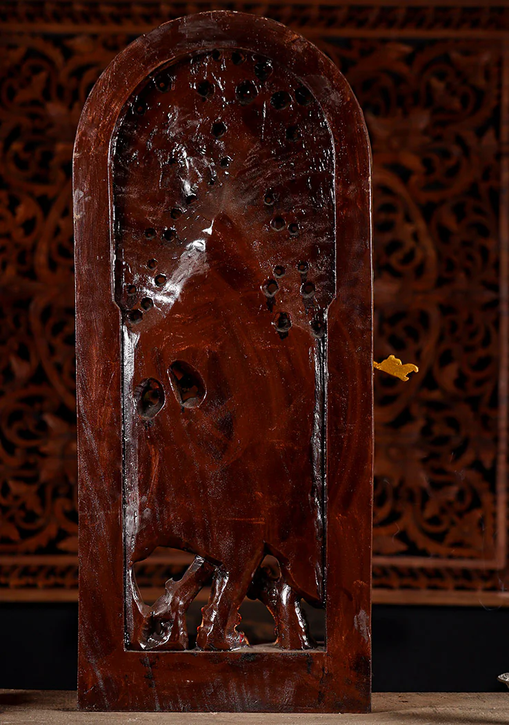 Krishna Wood Sculpture with Flute & Cow under Lush Canopy Arch, India 36"