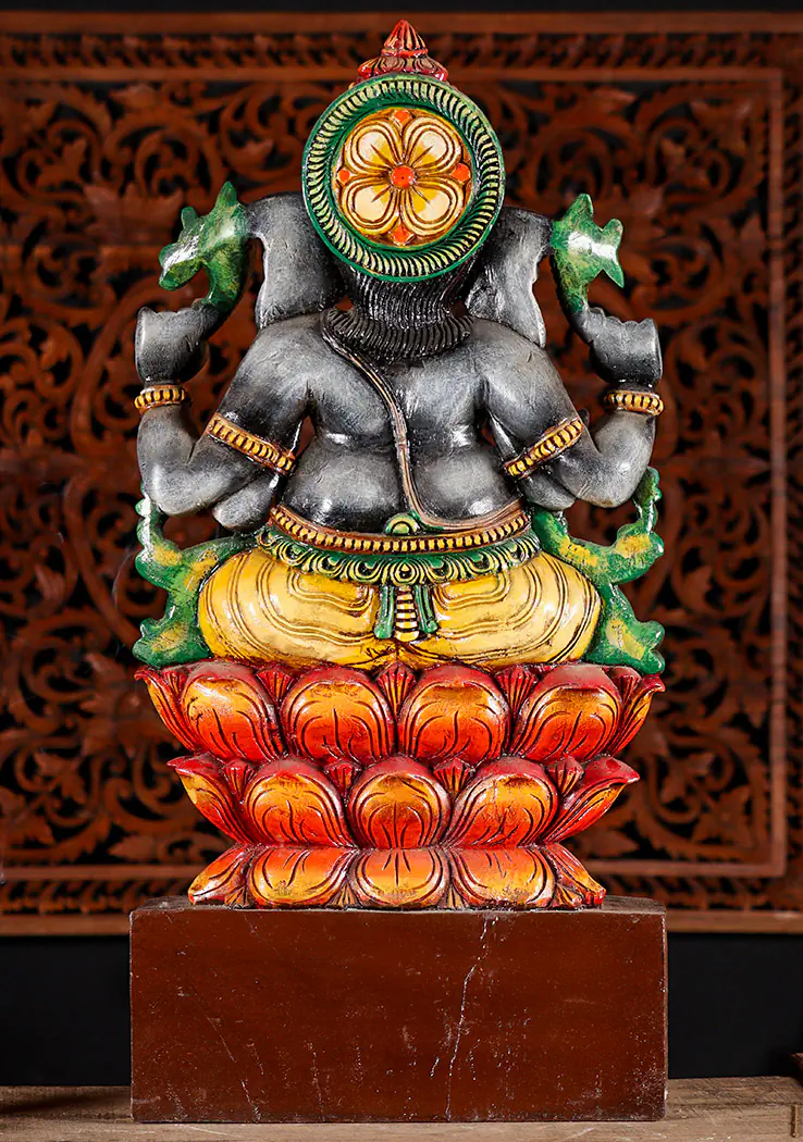 Ganesha Grey Wood Statue on Lotus Base with Tusk, Mango, Noose & Goad 36"