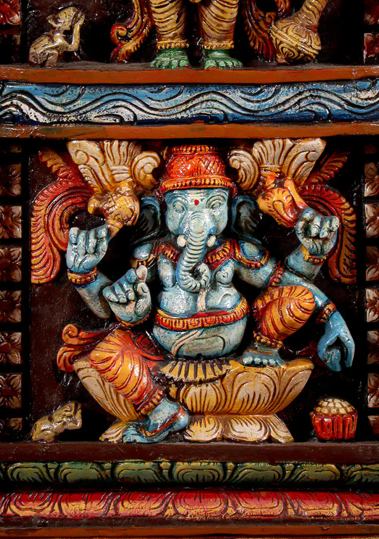 Ganesha Painted Wood Panel Sculpture with 5 Forms, Tall Hindu Art from India 79.5"