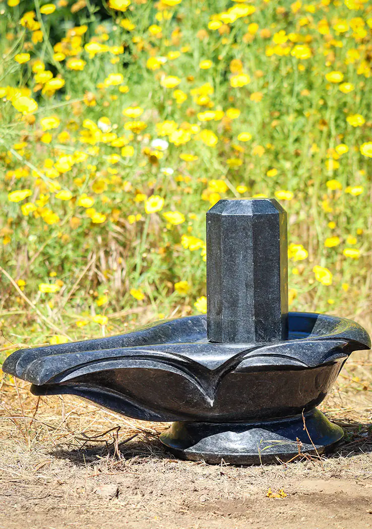 Shiva Lingam Black Granite Sculpture with Geometric Form and Lotus Yoni, India 22.5"