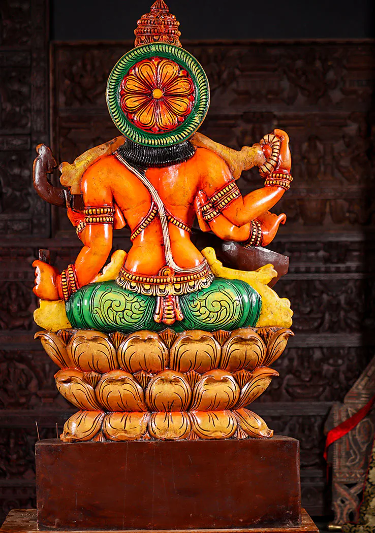 Saraswati Wood Sculpture Playing Veena Seated in Lalitasana on Triple Lotus Base 48"