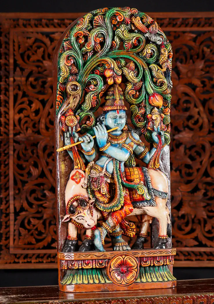 Krishna Wood Sculpture Playing Flute with Cow Under Canopy, India 36"