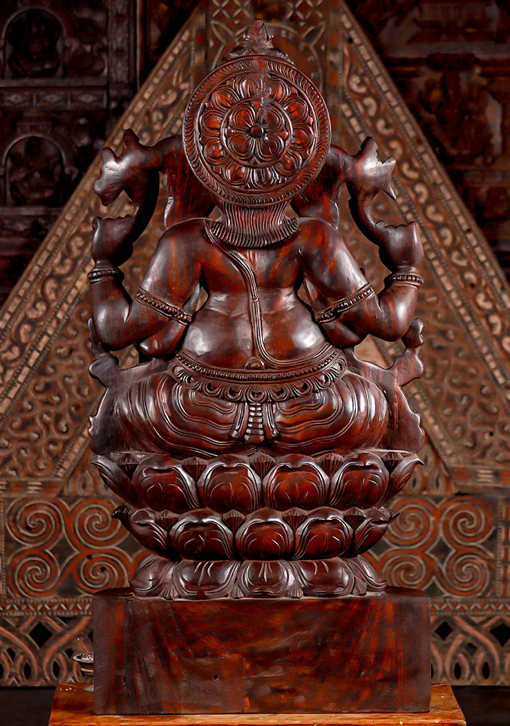 Ganesh Natural Wood Statue Seated in Lalitasana with Laddu and Mooshika 48"