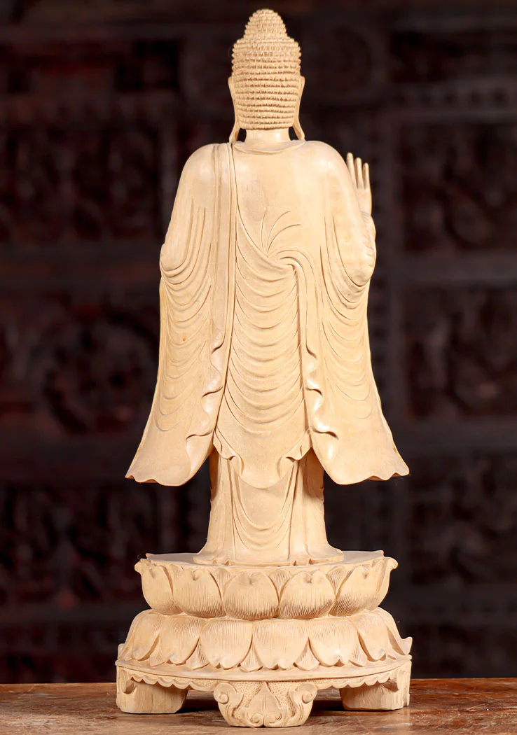 Buddha Light Wood Hand Carved Sculpture in Vitarka Mudra Standing on Lotus 20"