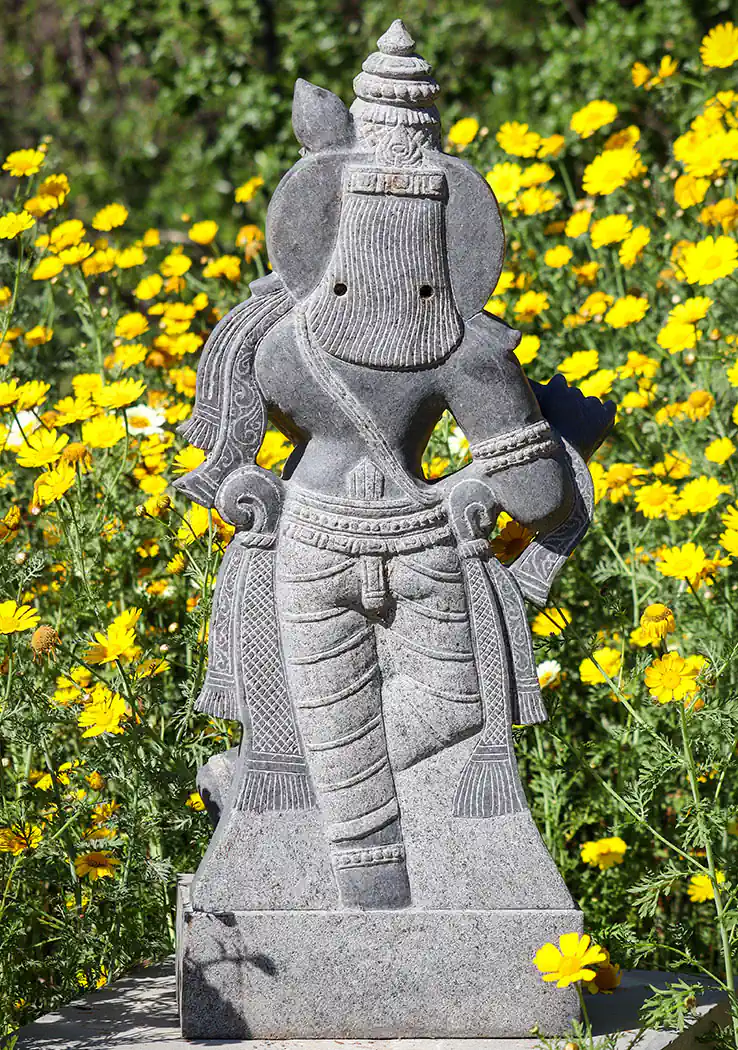 Krishna Playing Flute Black Granite Garden Sculpture with Halo and Headdress Feather 31.5"