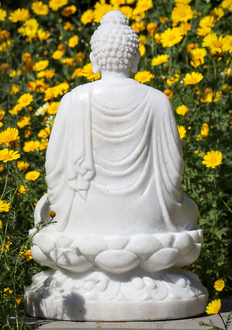 Buddha White Marble Garden Sculpture Meditating in Full Lotus on Lotus Base 25"