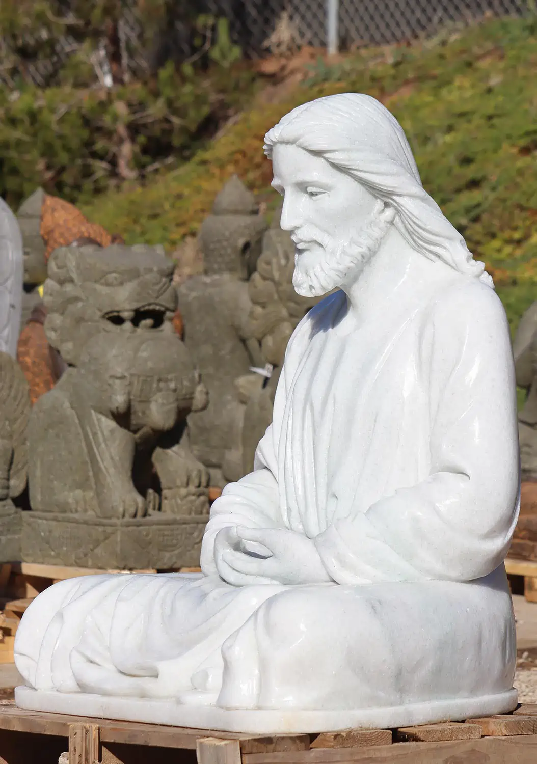 Jesus Meditating Catholic Garden Sculpture in Flowing Robes Hand Carved White Marble, Vietnam 38"