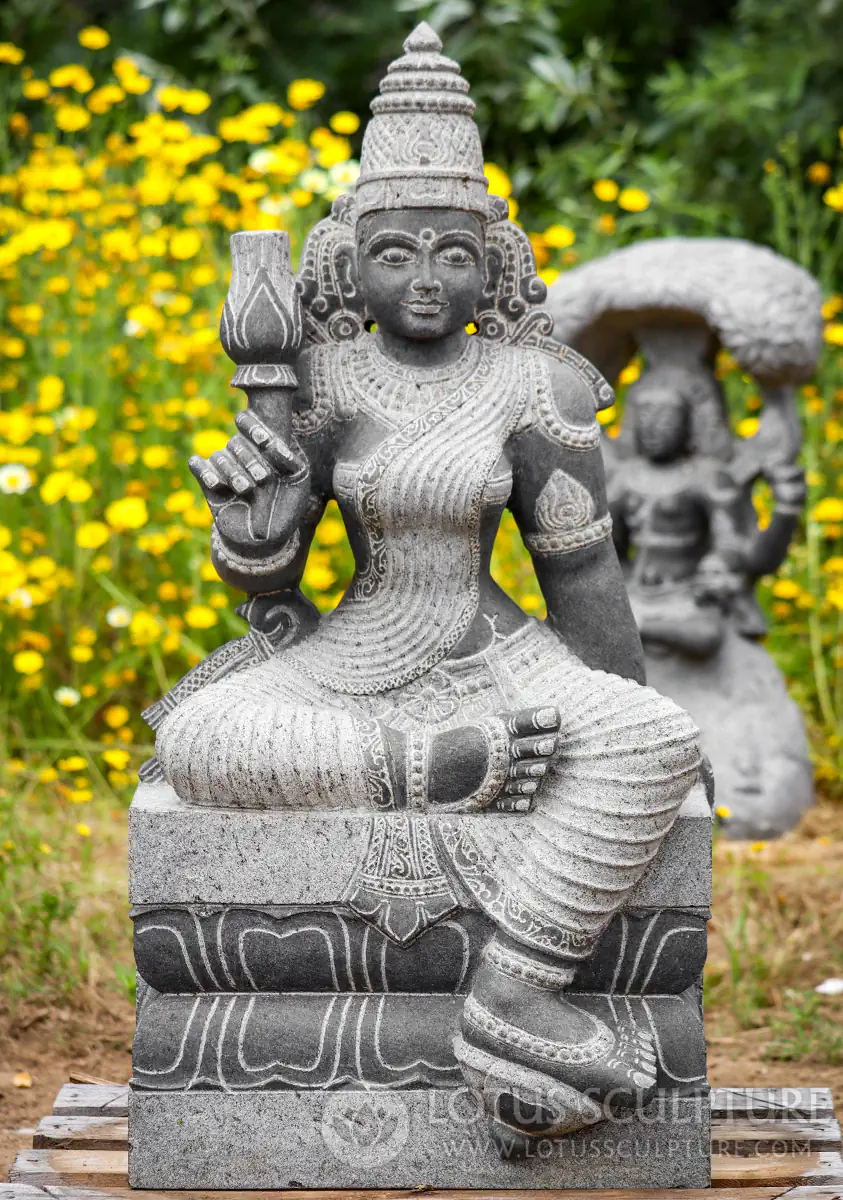Lakshmi Granite Sculpture Seated in Lalitasana with Lotus Flower, India 35"