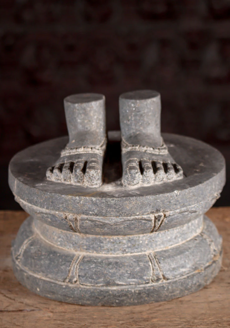 Vishnu's Feet Sculpture in Black Granite Paduka Symbol on Lotus Pedestal 8"