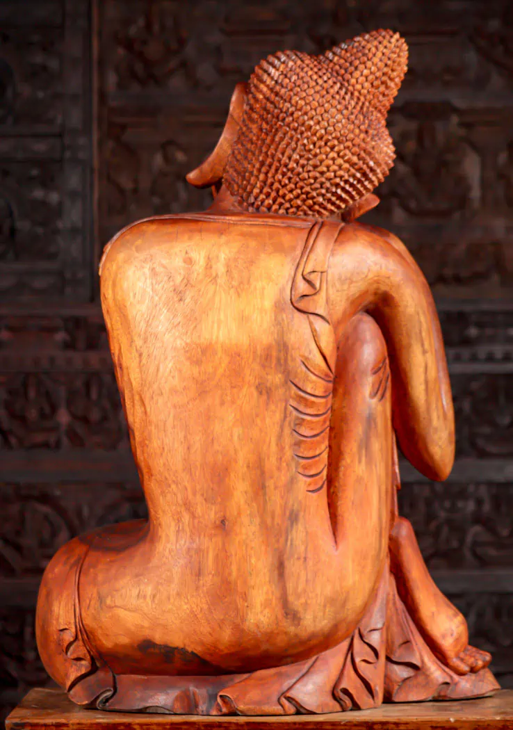 Wooden Dreaming Buddha Sculpture in Peaceful Resting Position Hand Carved Statue 40"