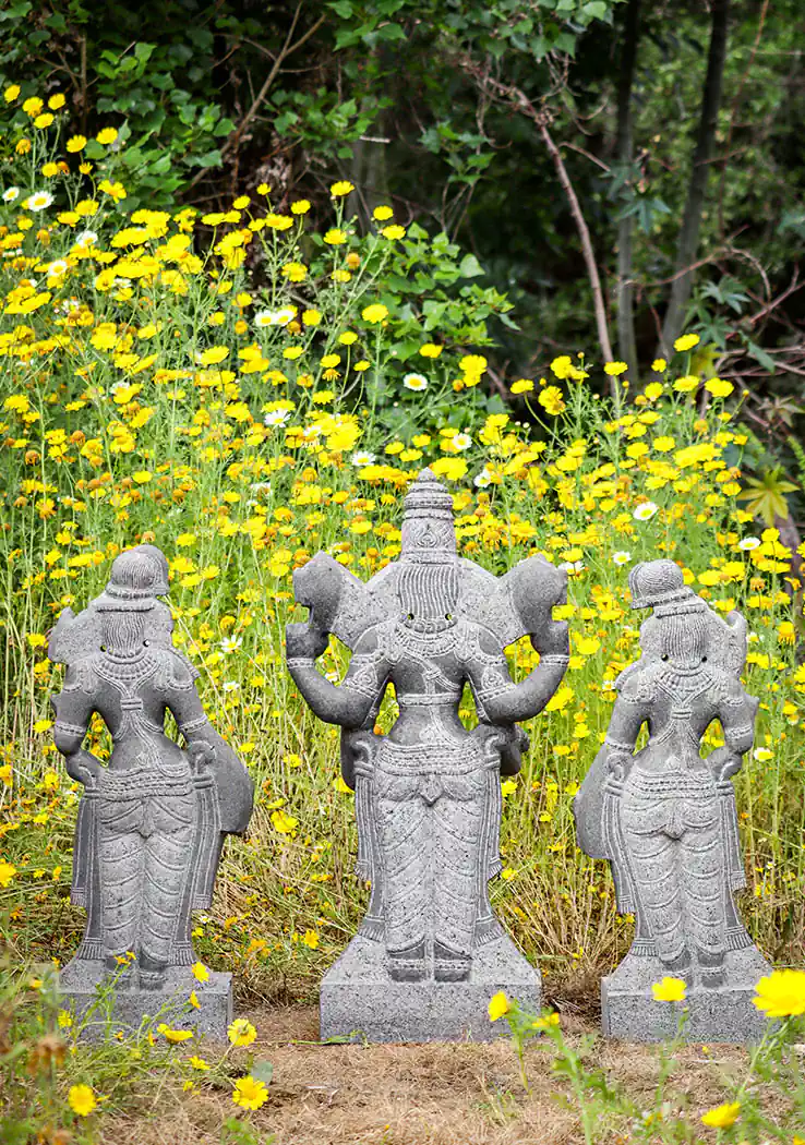 Vishnu with Consorts Sridevi and Bhudevi Black Granite Garden Sculpture Set from India 29"