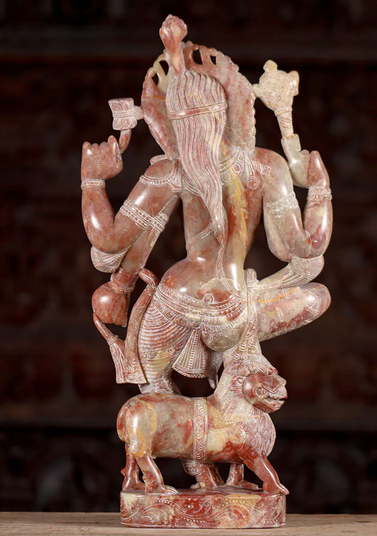 Ardhanarishvara Red Marble Dancing Sculpture, Shiva & Parvati Abhaya Mudra, India 18"