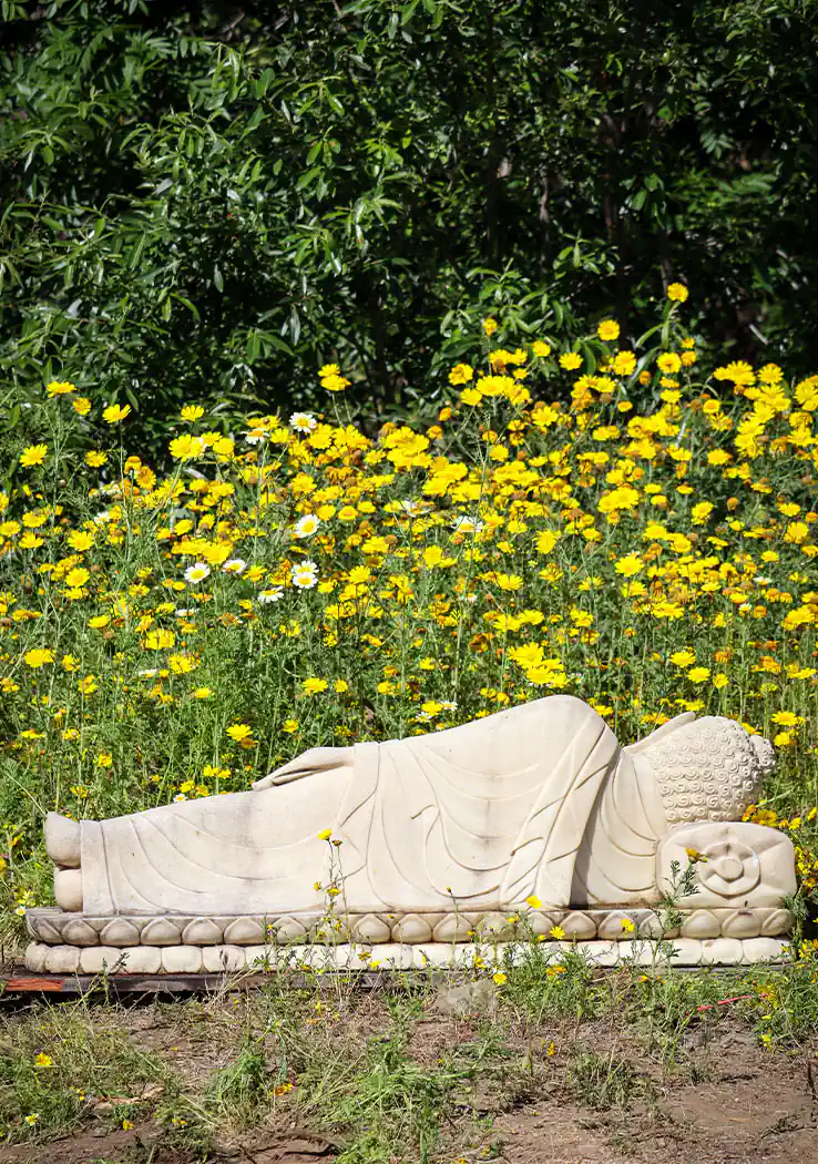 Buddha Marble Garden Sculpture Reclining Hand Carved Sepia Toned on Pillow 48"