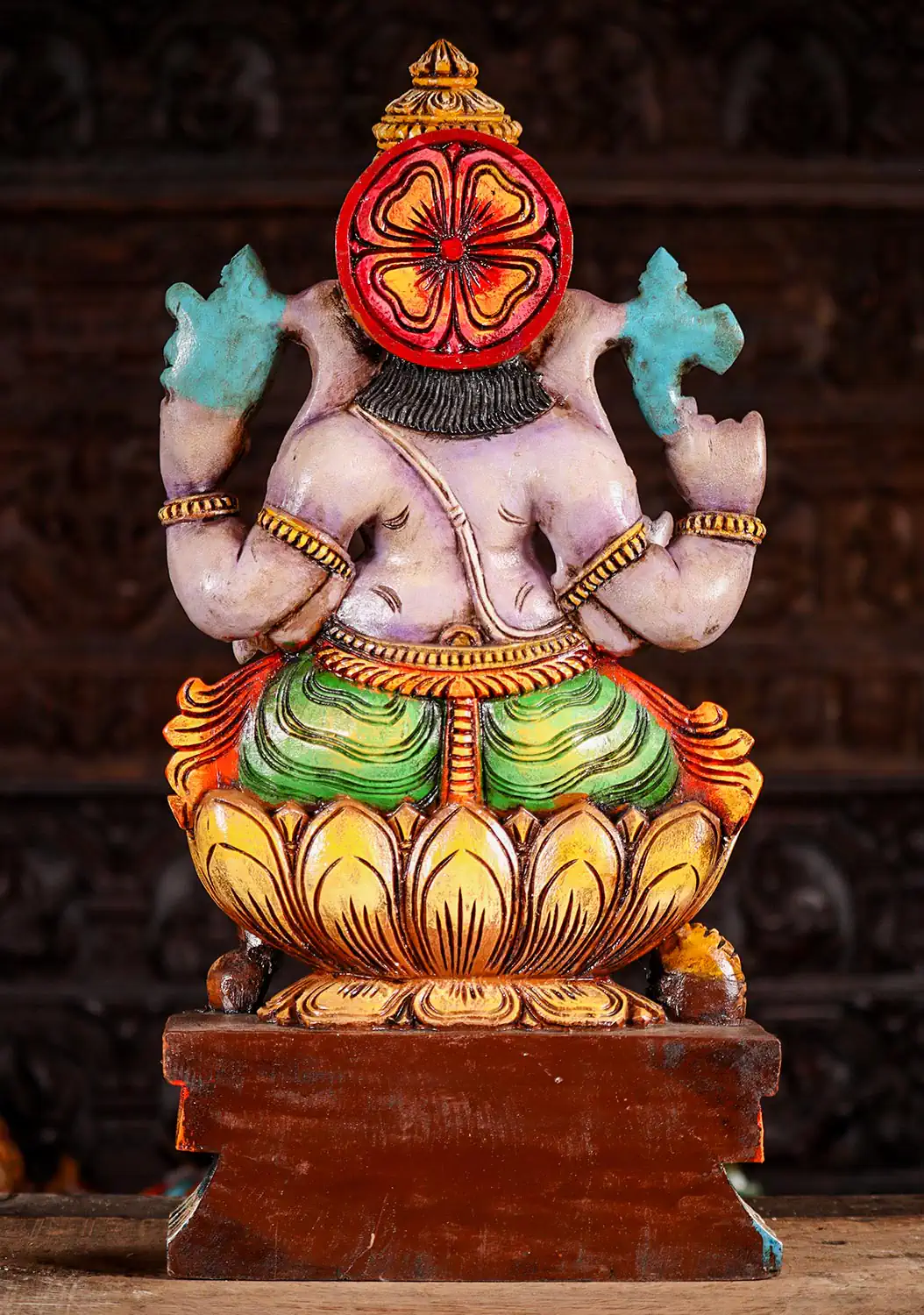 Ganesha Wood Statue Lalitasana Lotus Base with Tusk, Mango, Noose & Goad 24"