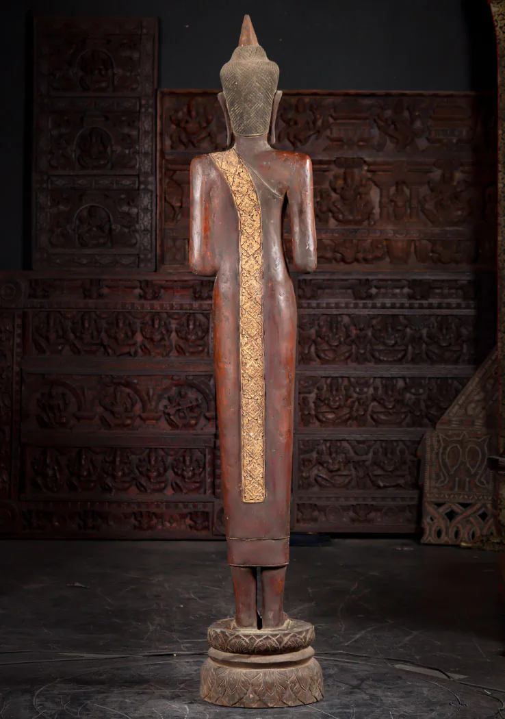 Buddha Wood Sculpture Double Abhaya Mudra Standing on Lotus Base Reclaimed Teak 83"