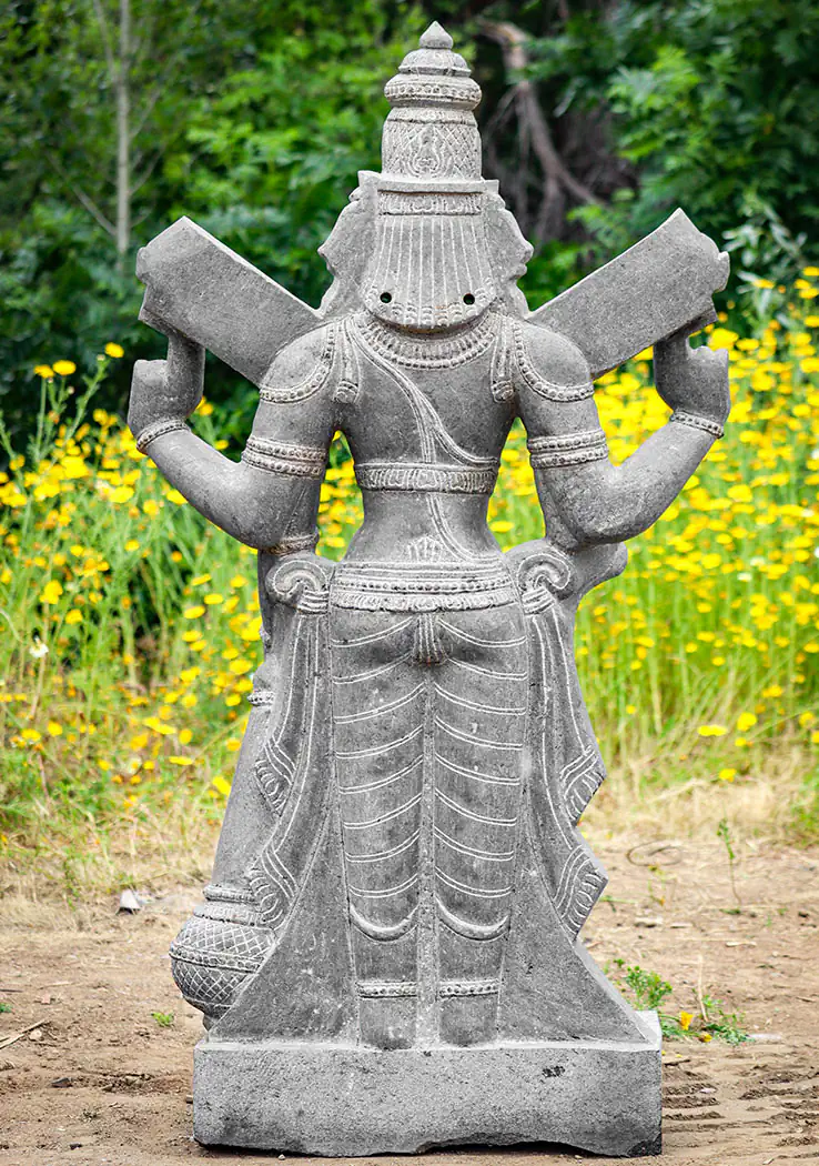 Vishnu Large Black Granite Garden Sculpture Holding Lotus and Mace Optional Base 51"
