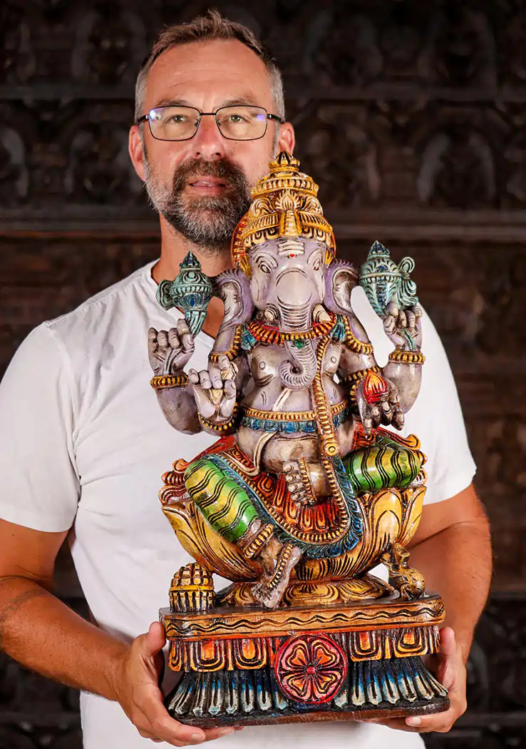 Ganesha Wood Statue Lalitasana Lotus Base with Tusk, Mango, Noose & Goad 24"