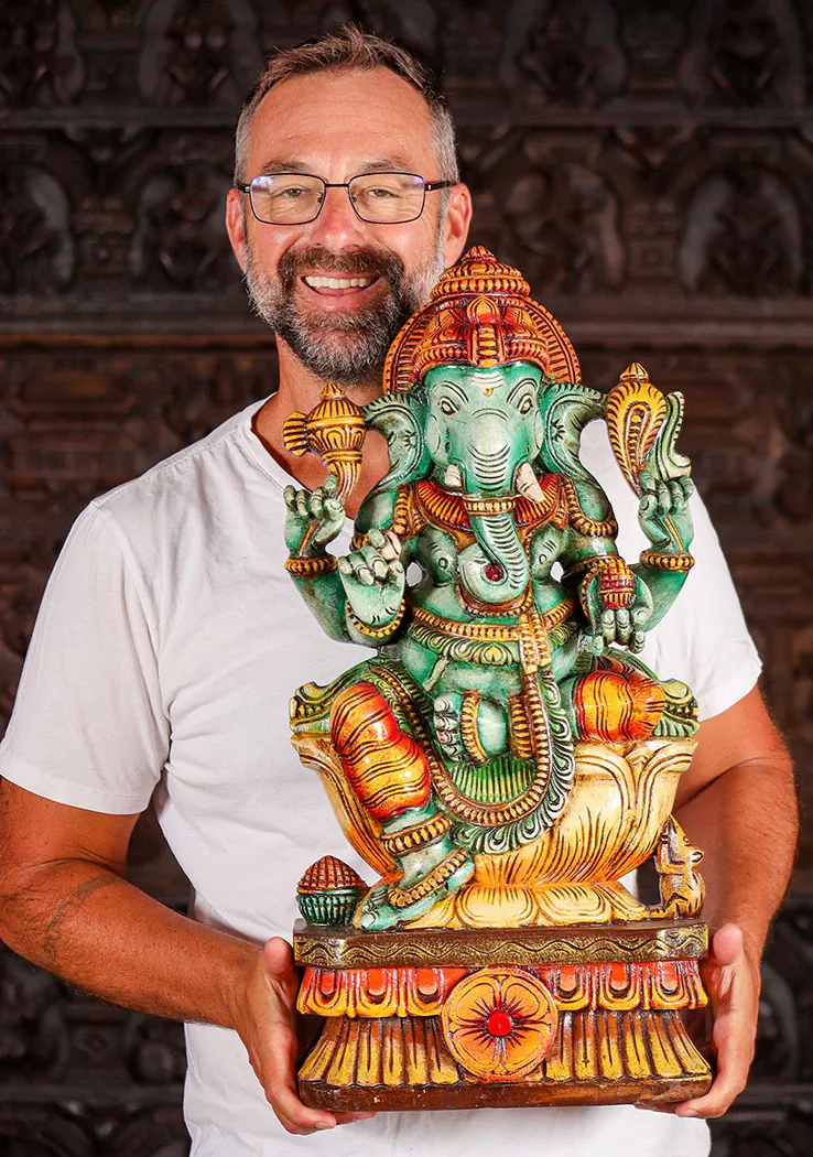 Ganesha Wood Sculpture Emerald Form on Yellow Lotus with Laddu & Tusk 24"