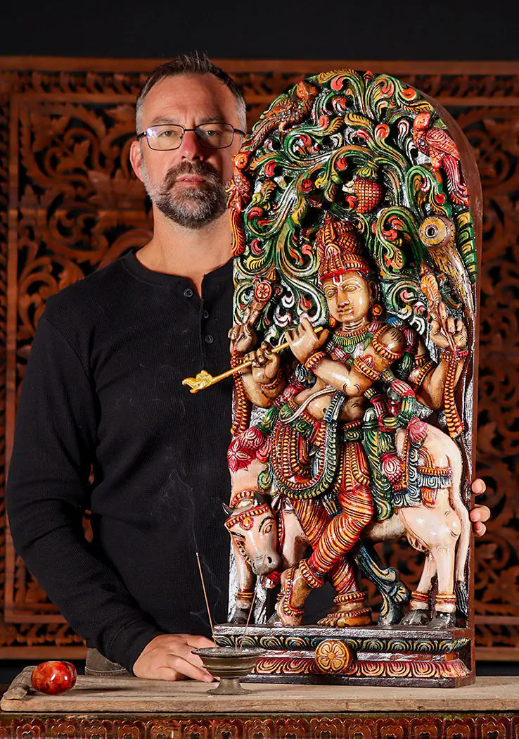 Krishna Wood Sculpture with Flute & Cow under Lush Canopy Arch, India 36"