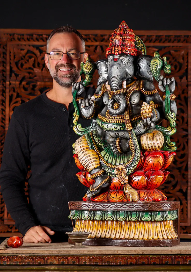 Ganesha Grey Wood Statue on Lotus Base with Tusk, Mango, Noose & Goad 36"