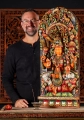 Lakshmi Statue Hand Painted Wood Panel Seated in Lalitasana with Lotus Flowers 36"