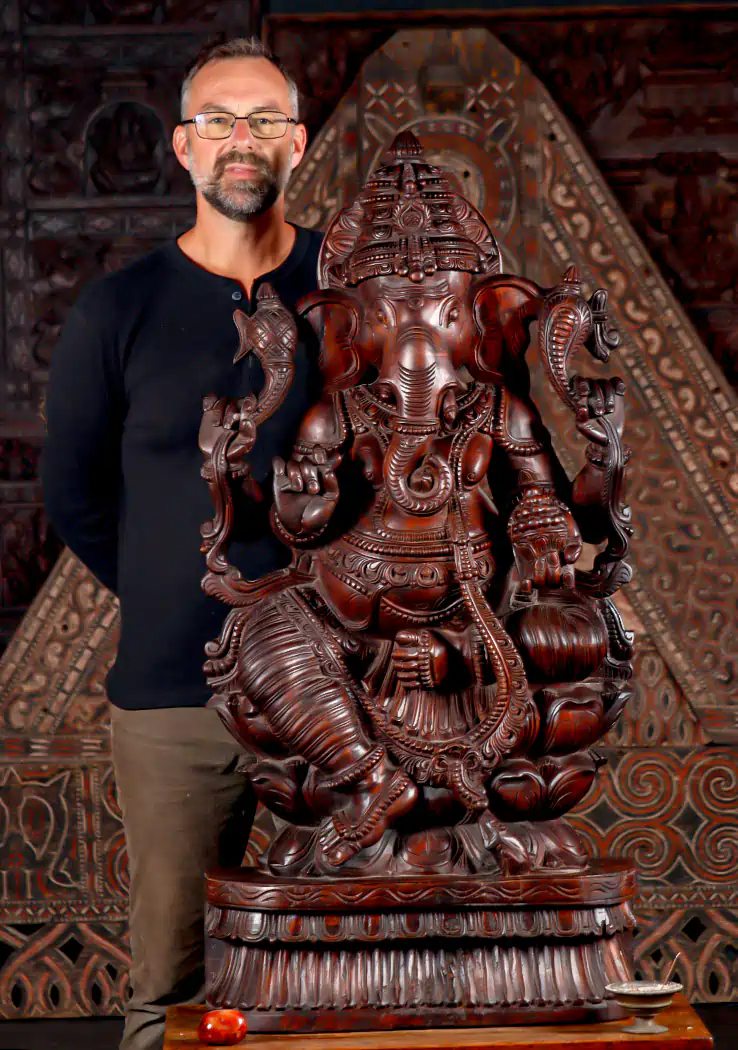Ganesh Natural Wood Statue Seated in Lalitasana with Laddu and Mooshika 48"