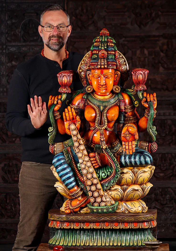 Lakshmi Hand-Carved Wood Statue with Coin Varada & Lotus Flowers, India 48"