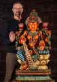 Lakshmi Hand-Carved Wood Statue with Coin Varada & Lotus Flowers, India 48"