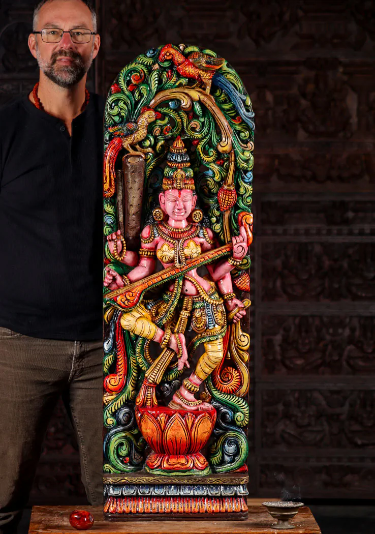 Saraswati Painted Wood Sculpture Dancing with Veena on Lotus Panel Carved in India 48"