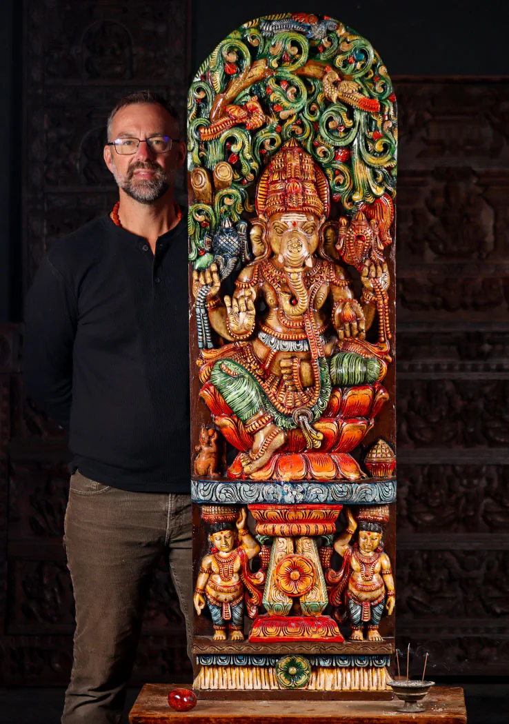 Ganesha Wood Statue South Indian Panel Vibrantly Painted with Canopy and Two Ganas 60"