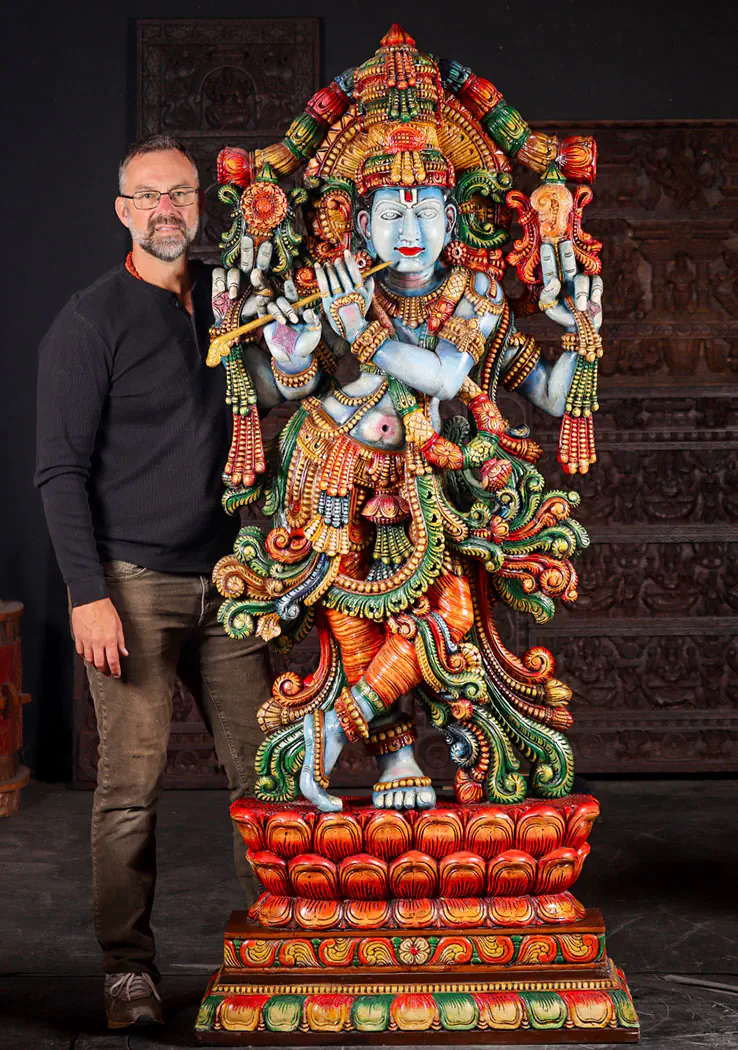 Huge, 7 Foot Tall Krishna Wood Statue Playing Flute with Chakra & Shankha on Lotus, India 84"