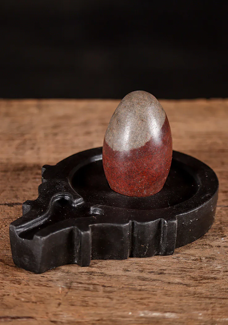 Shiva Lingam Red and Gray Narmada Stone with Carved Yoni Base for Abhishekam Rituals 3.5"