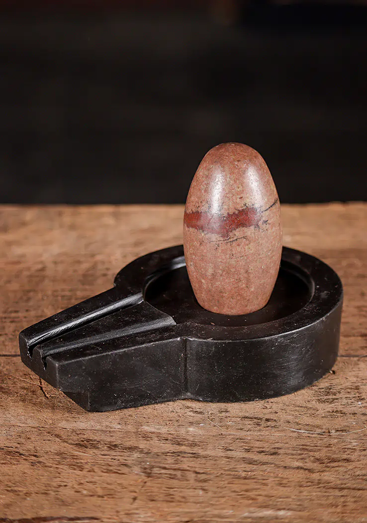 Shiva Lingam Red-Banded Narmada Stone with Hand-Carved Black Yoni Base 3.5"