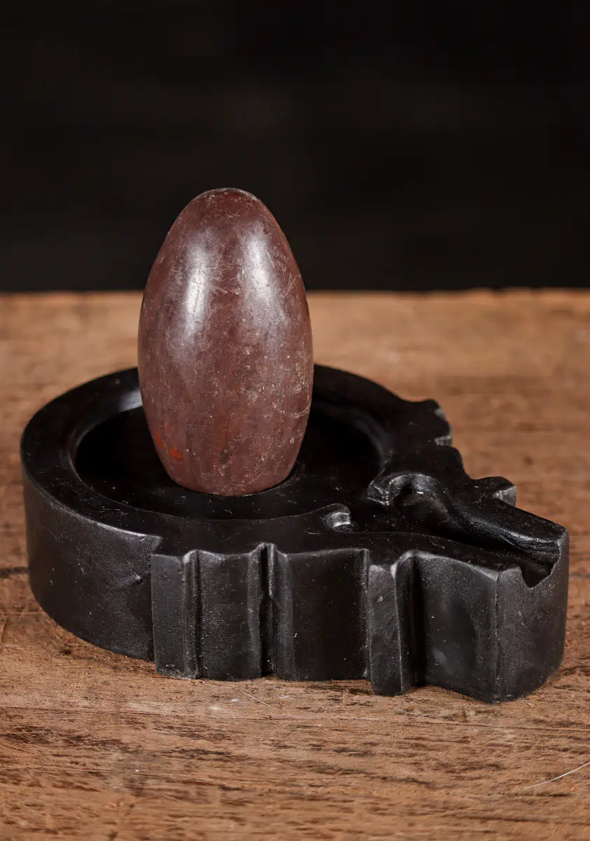 Shiva Lingam Deep Maroon Narmada Stone with Ornate Yoni Base Made in India 3.5"
