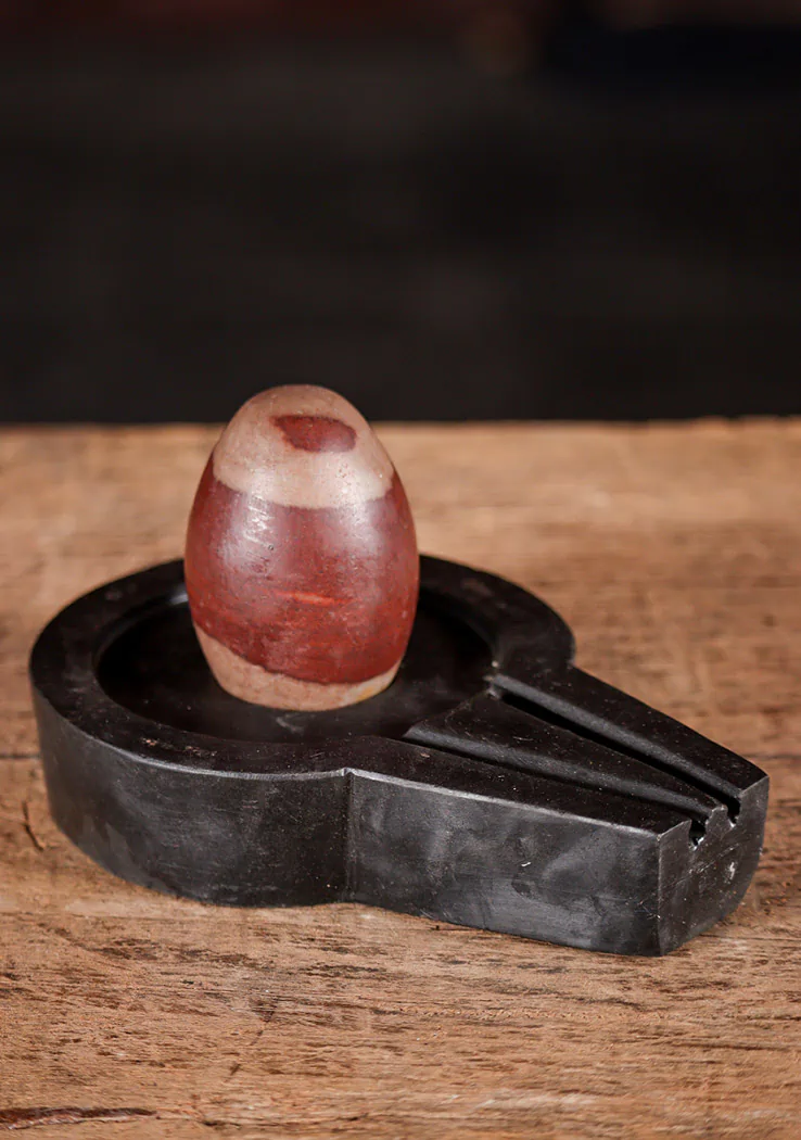 Shiva Lingam Red and Cream Patterned Stone Sculpture on Yoni Base Crafted in India 3.5"