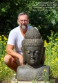 Buddha Lava Stone Garden Sculpture Bust with Ushnisha and Long Earlobes, Indonesia 31"