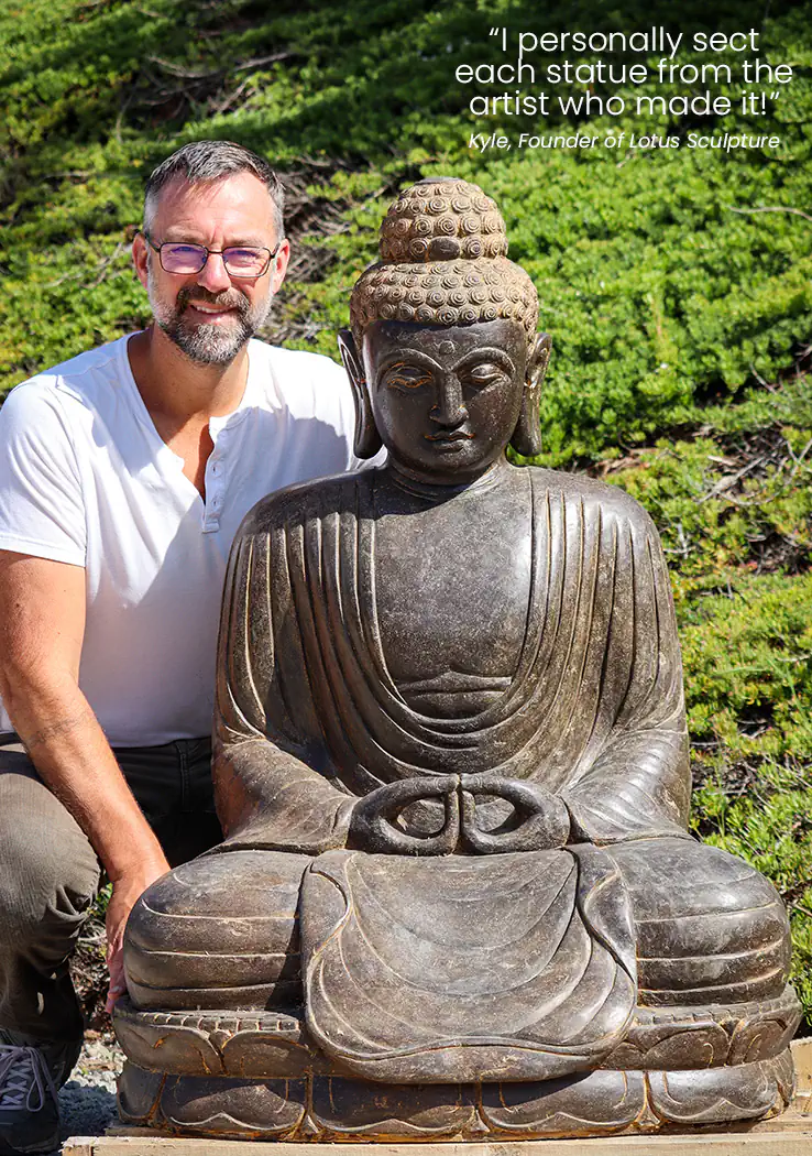 Buddha Garden Sculpture Saffron Colored in Full Robes & Dhyana Meditation Mudra 43"