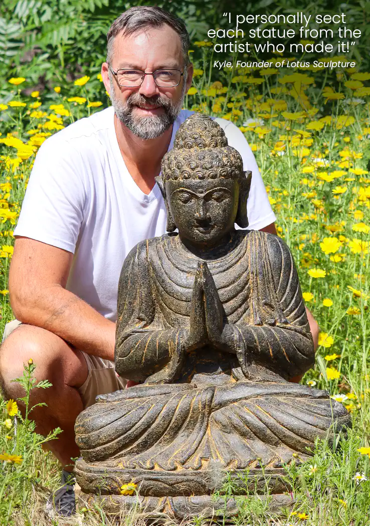 Buddha Lava Stone Garden Sculpture Namaste Mudra Seated on Lotus, Indonesia 31"