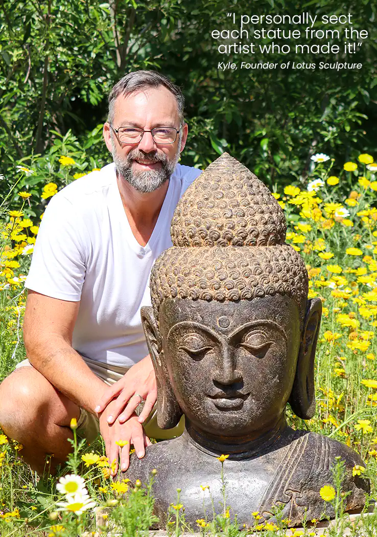 Buddha Lava Stone Garden Sculpture Bust with Third Eye, Ushnisha, Long Earlobes 32"