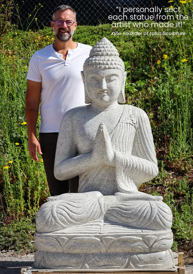 Buddha Garden Statue in Namaste or Anjali Mudra Unique White Terrazzo Stone 59"