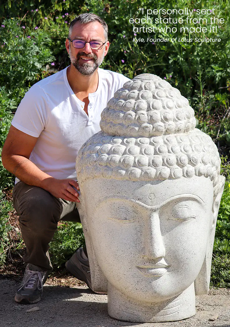 Buddha Head Large Garden Statue with Peaceful Expression White Terrazzo Sculpture 41"