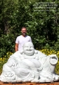 Buddha of Wealth Large White Marble Garden Sculpture Reclining with Mala on Sack of Gold 72"
