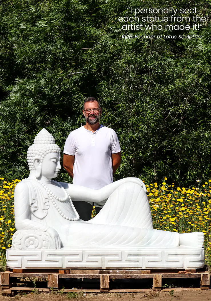 Buddha Garden Sculpture Reclining on Pillow in Full Robes White Marble Hand Made in Vietnam 72"