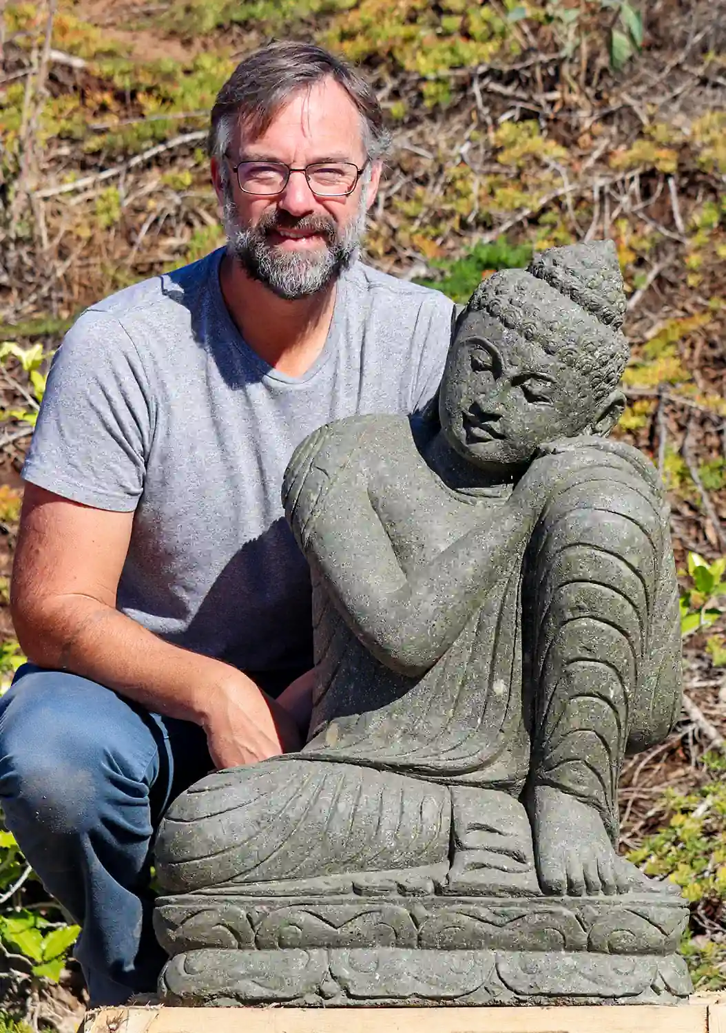 Buddha Dreaming Garden Statue on Lotus Base Hand Carved Green Lava Stone Sculpture 33"