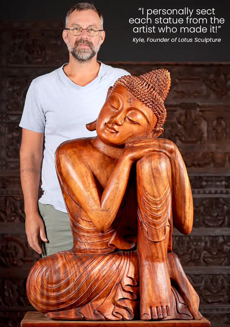 Wooden Dreaming Buddha Sculpture in Peaceful Resting Position Hand Carved Statue 40"