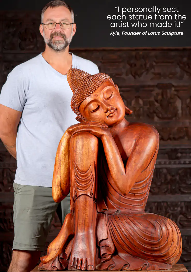 Buddha Wooden Sculpture Resting on Left Knee in Dream Pose Cared in Indonesia 39"