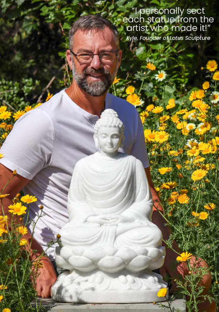Buddha White Marble Garden Sculpture Meditating in Full Lotus on Lotus Base 25"
